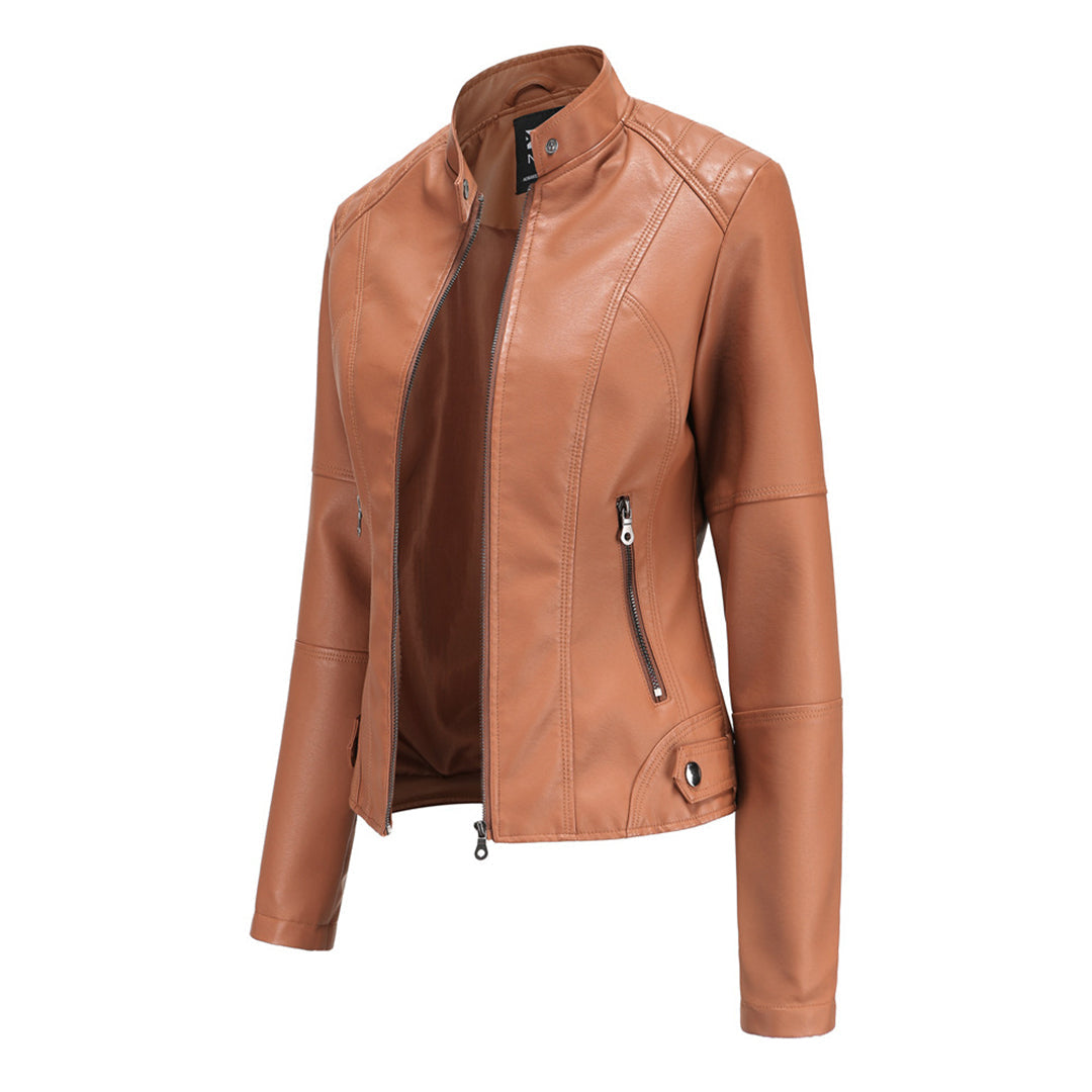 Giacca corta in similpelle da donna con zip e collo alla coreana, vestibilità slim, casual ed elegante - view 8
