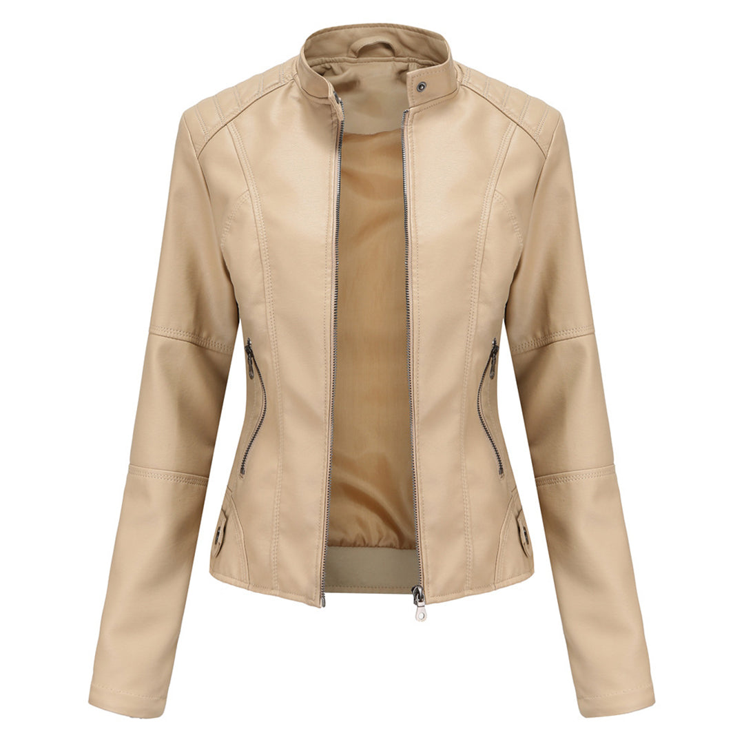 Giacca corta in similpelle da donna con zip e collo alla coreana, vestibilità slim, casual ed elegante - Beige