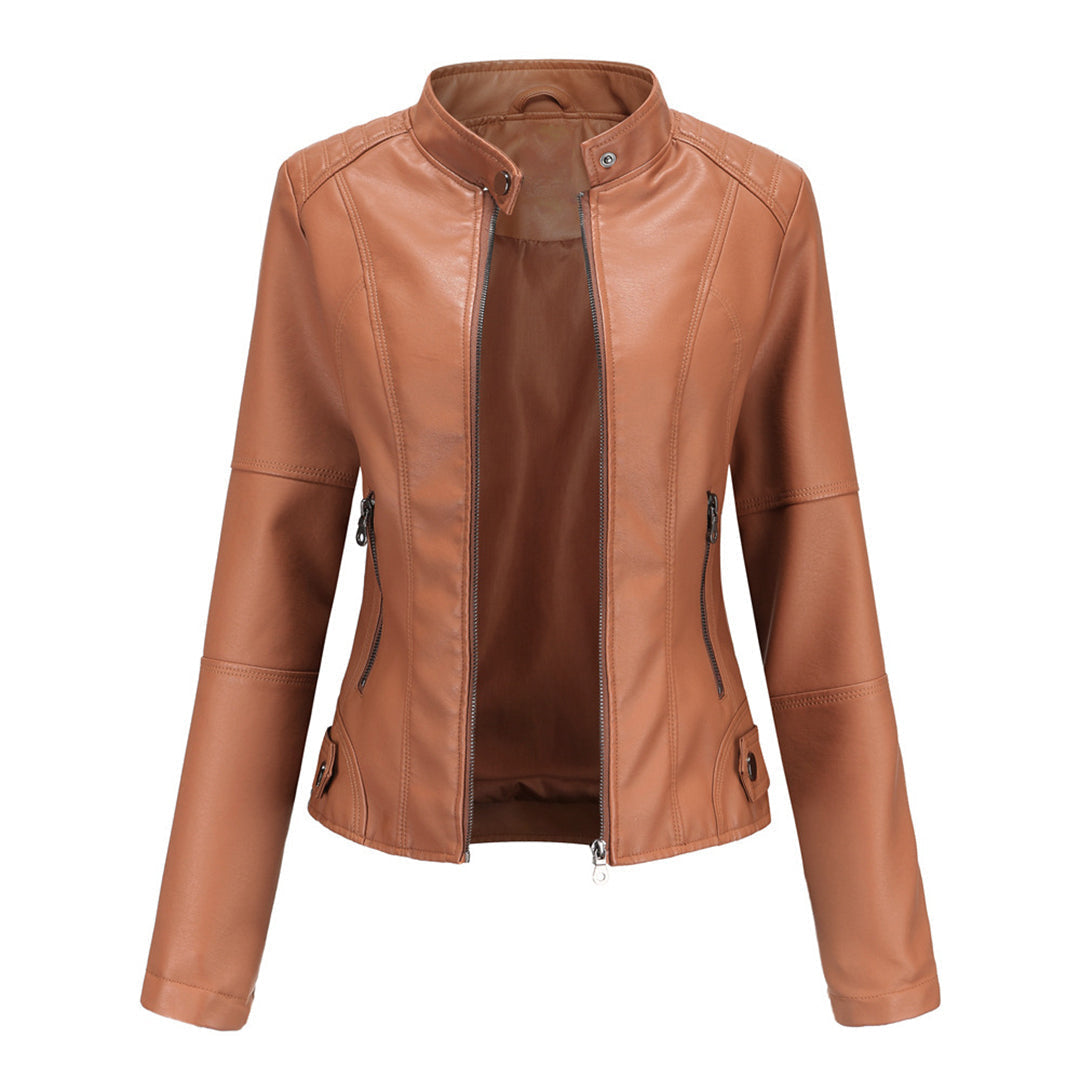 Giacca corta in similpelle da donna con zip e collo alla coreana, vestibilità slim, casual ed elegante - Marrone
