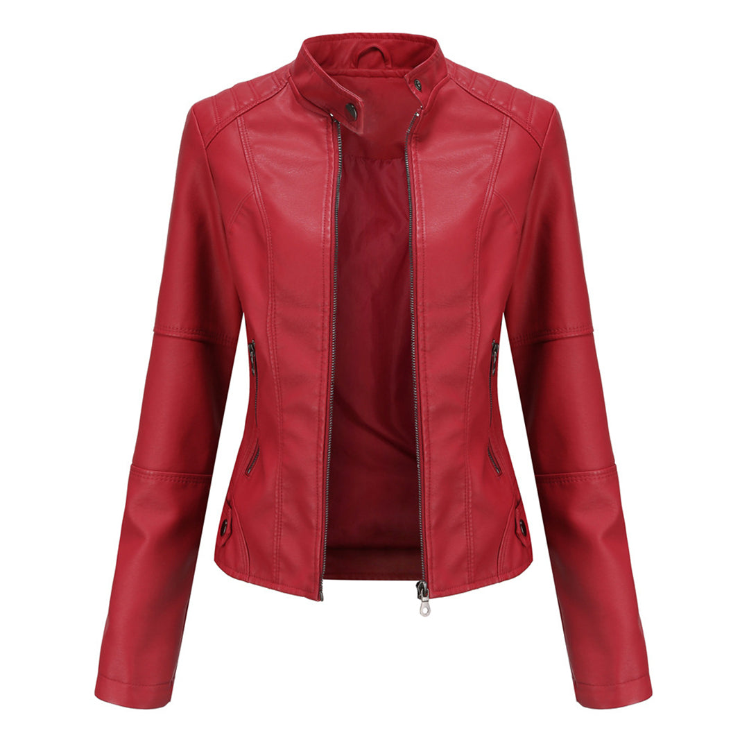 Giacca corta in similpelle da donna con zip e collo alla coreana, vestibilità slim, casual ed elegante - Rosso