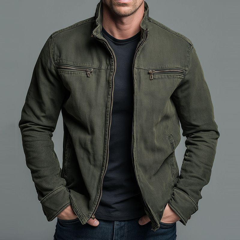 Giacca da uomo casual con collo alla coreana e chiusura zip, stile vintage per autunno inverno - Verde