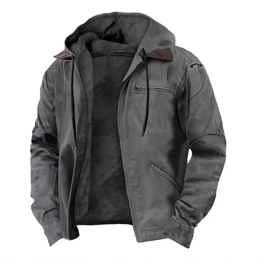 Giacca da uomo con cappuccio foderata in pile, per la mezza stagione e l'autunno, con tasche con zip - Grigio scuro
