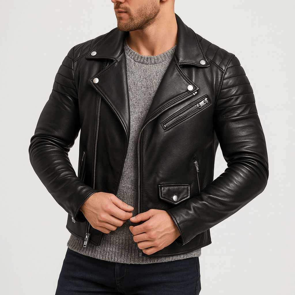 Giacca di pelle da uomo stile biker con zip, chiodo casual - giubbotto in pelle uomo - Nero