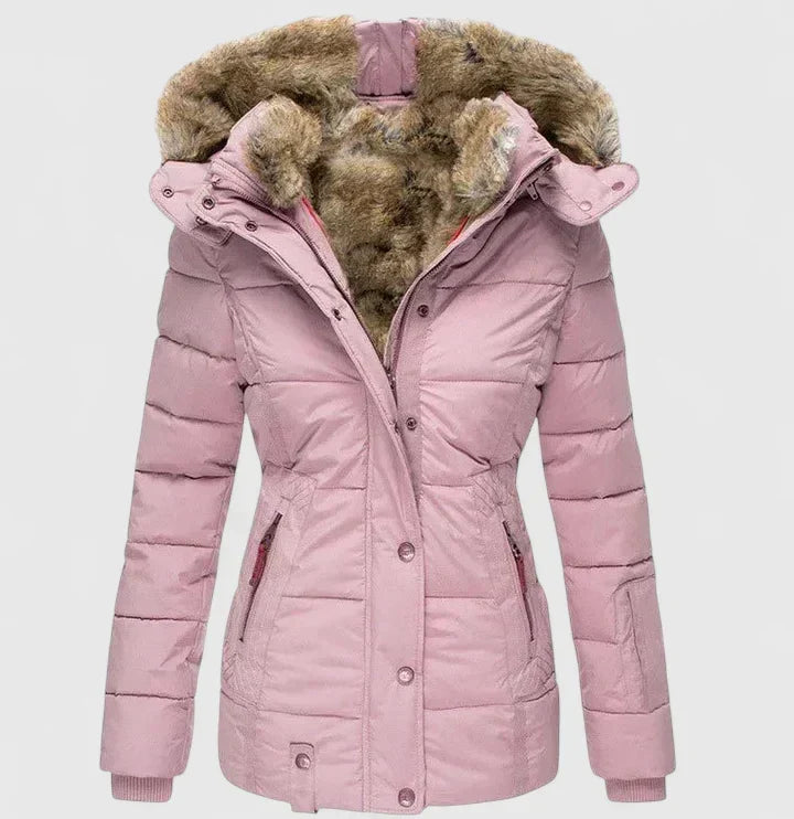 Giacca invernale da donna con cappuccio in pelliccia, imbottita e trapuntata con vita sagomata - Rosa