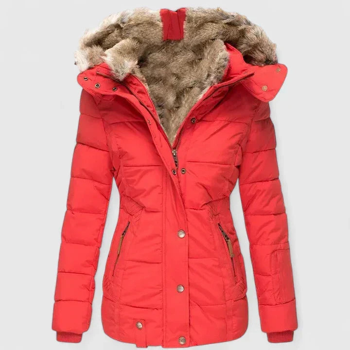 Giacca invernale da donna con cappuccio in pelliccia, imbottita e trapuntata con vita sagomata - Rosso