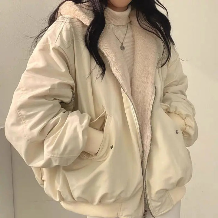 Giacca invernale da donna doppio strato con cappuccio e interno in pile, oversize e calda - Beige