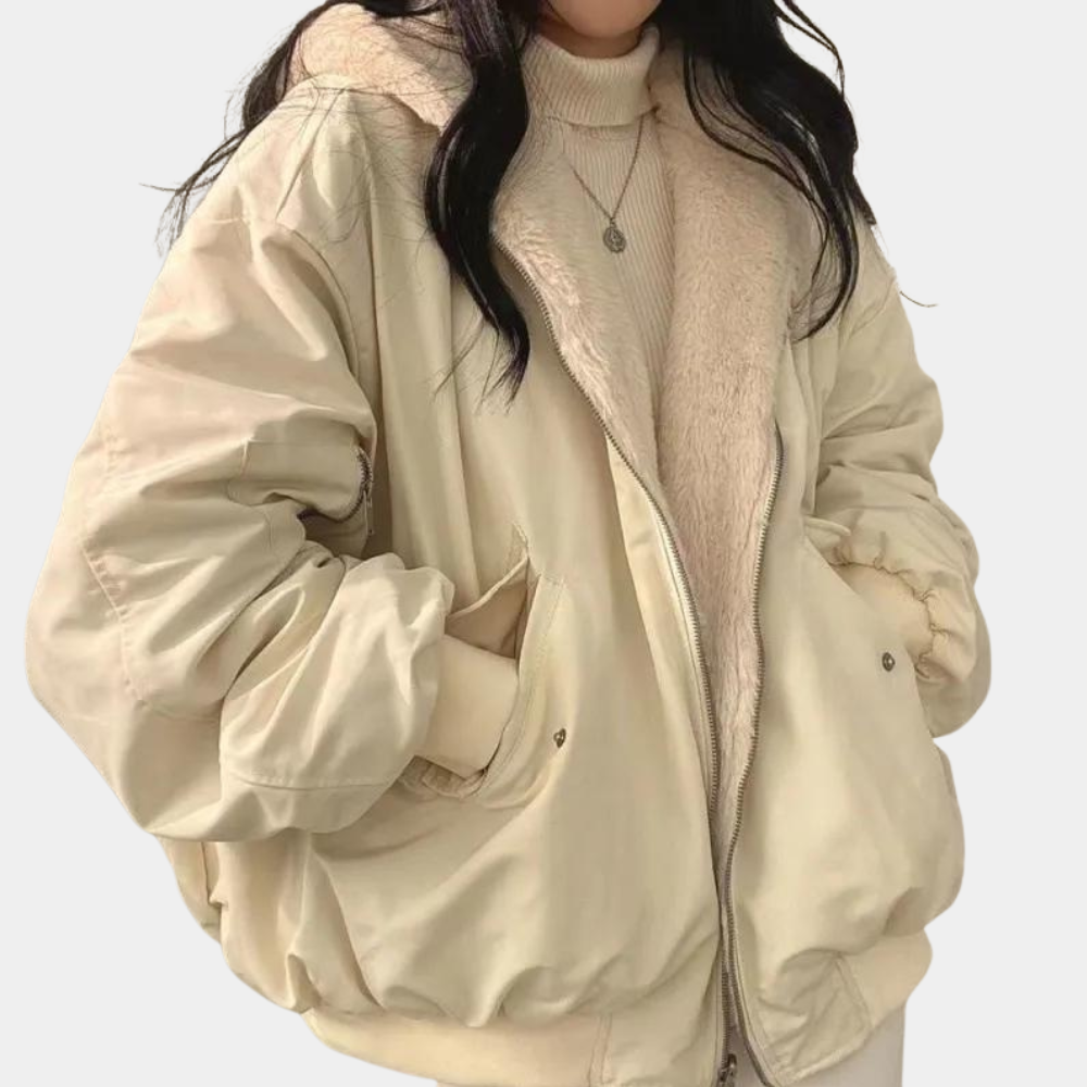 Giacca invernale donna imbottita con cappuccio e pelo, taglio oversize - Bianco