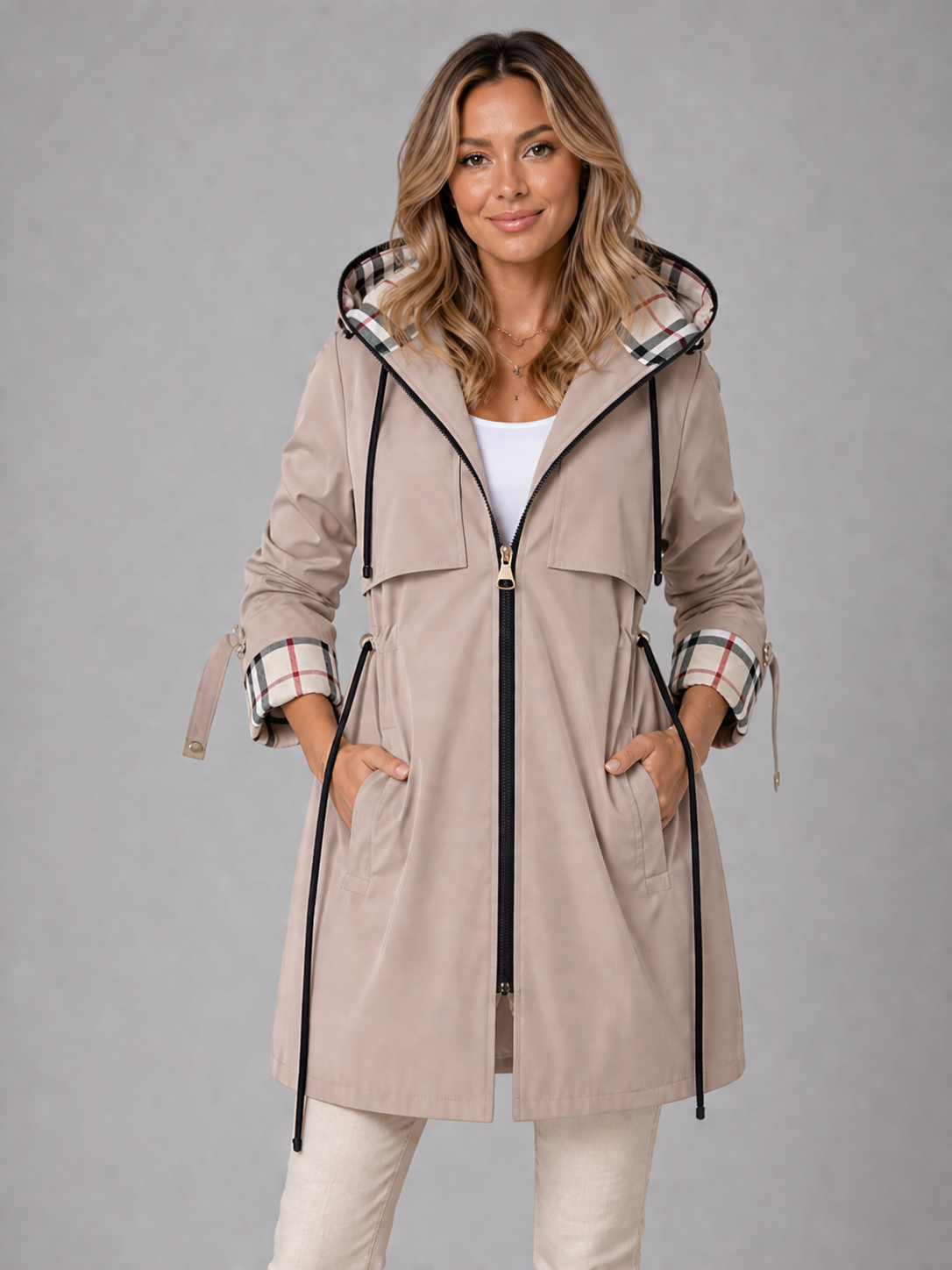 Giacca lunga da donna con cappuccio e coulisse in vita, zip frontale, per mezza stagione e primavera - Cachi