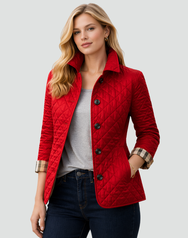 Giacca trapuntata da donna mezza stagione, leggera e imbottita con bottoni, per primavera e autunno - Rosso