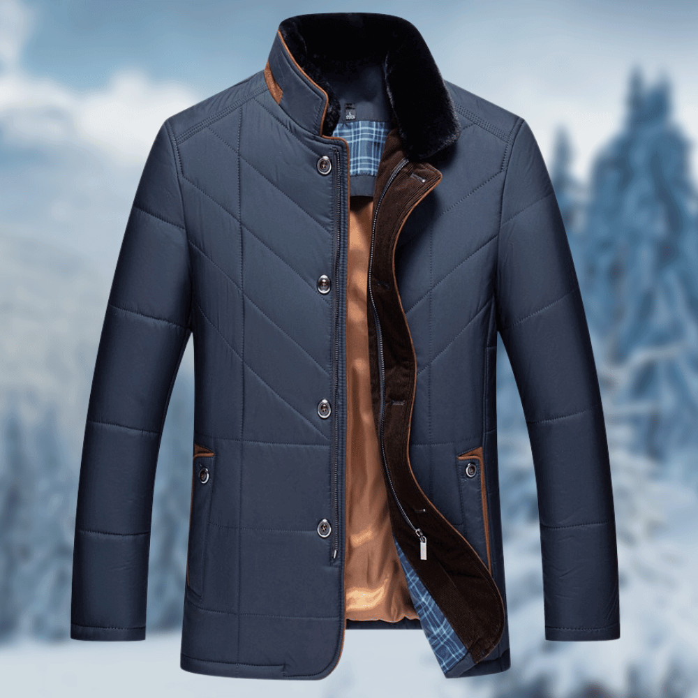 Giacca trapuntata da uomo invernale imbottita con collo in pelliccia, casual ed elegante - Blu