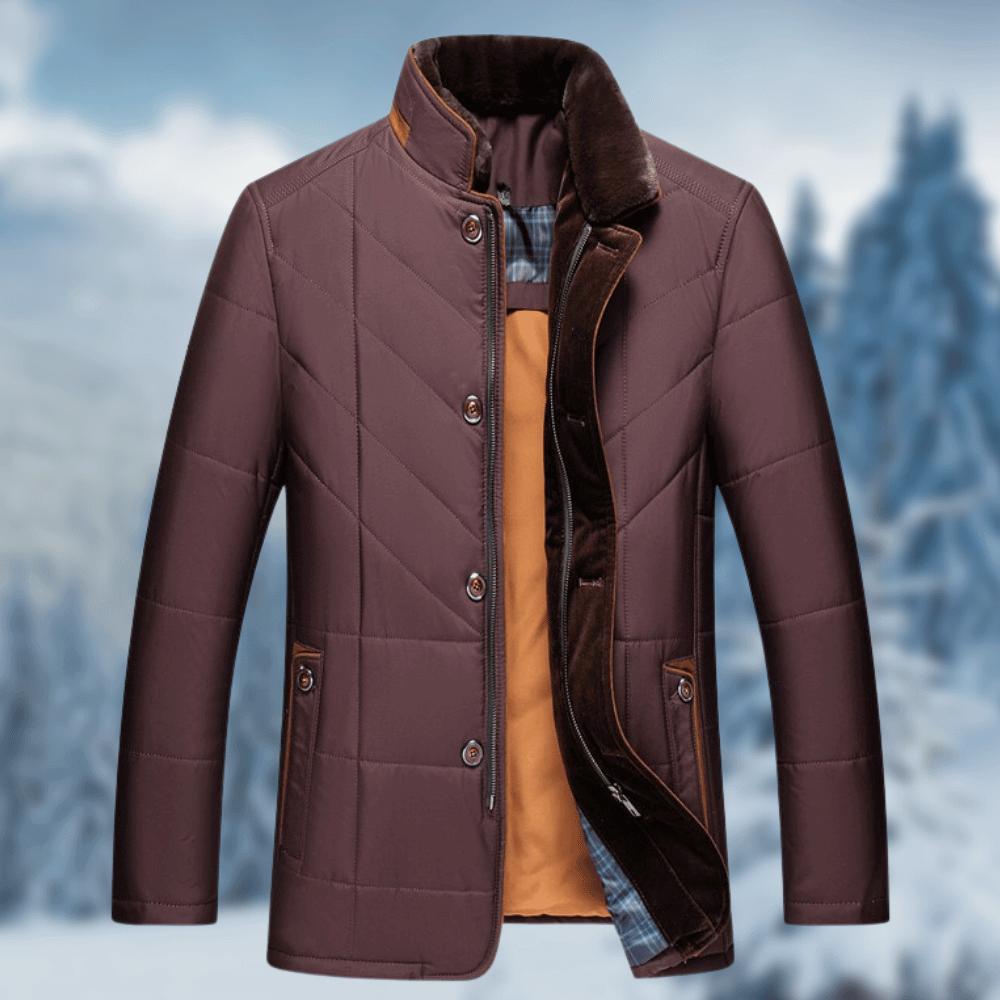 Giacca trapuntata da uomo invernale imbottita con collo in pelliccia, casual ed elegante - Bordeaux