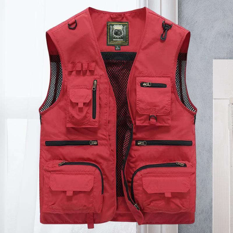 Gilet multitasche da uomo estivo in tessuto traspirante, per pesca e trekking - smanicato sportivo - Rosso
