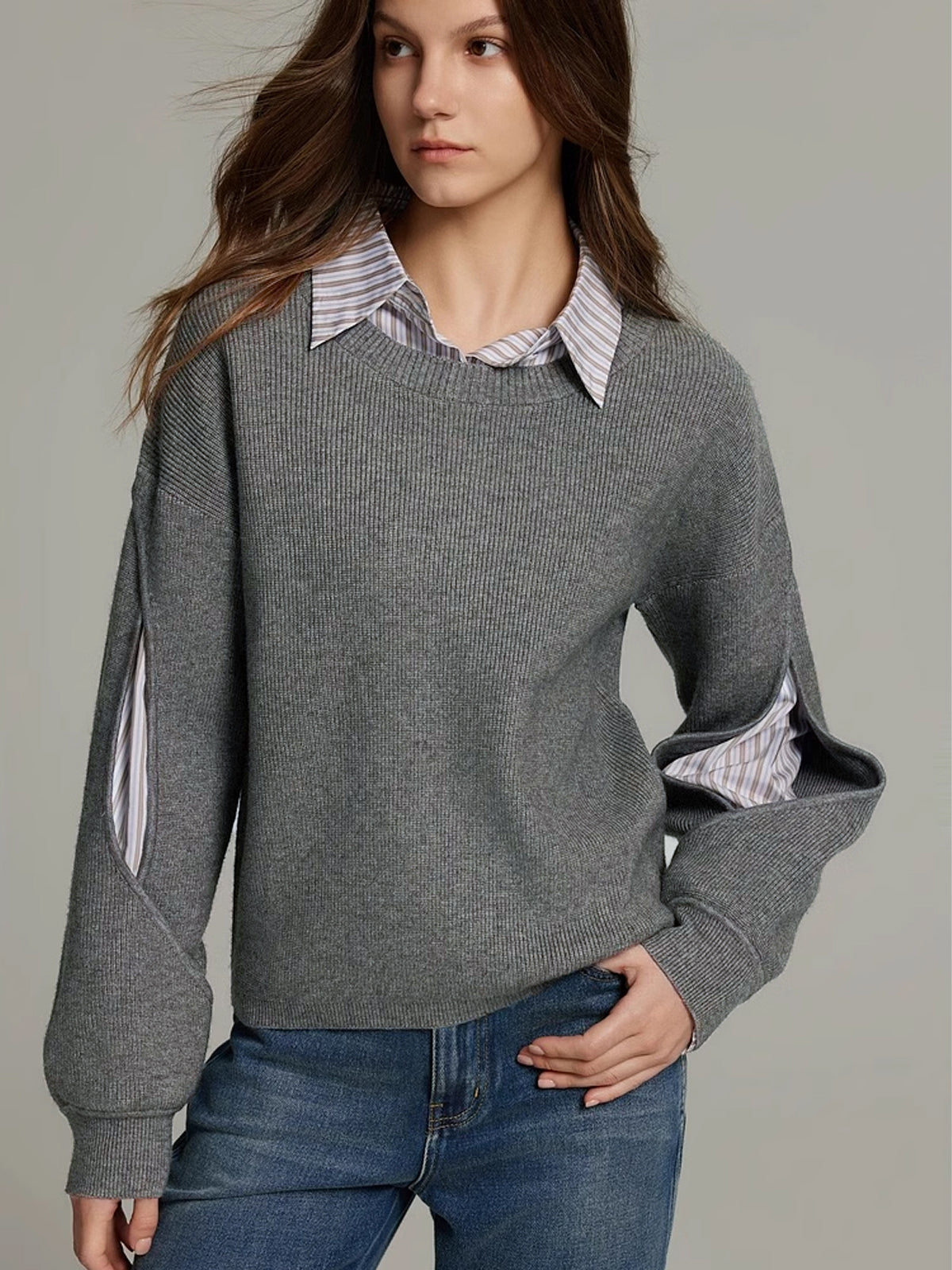 Maglione a coste da donna 2 in 1 con effetto camicia e maniche cut-out - view 6