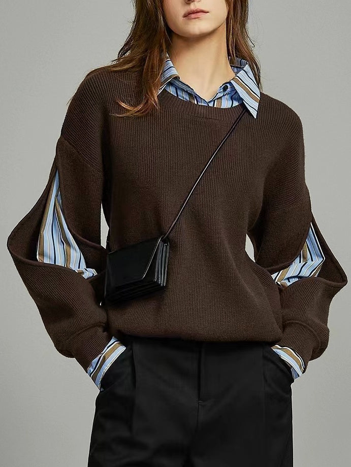 Maglione a coste da donna 2 in 1 con effetto camicia e maniche cut-out - Marrone Scuro