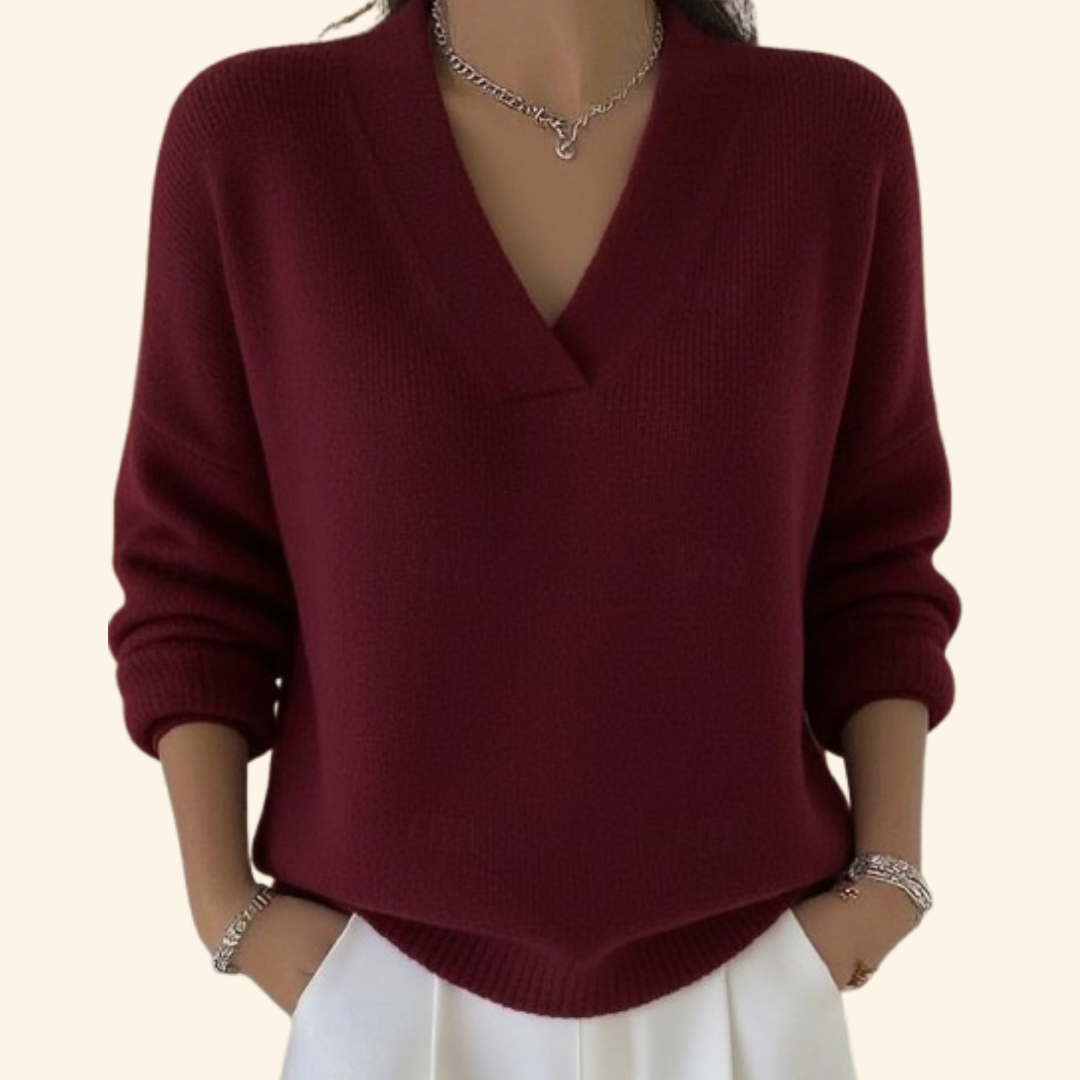 Maglione da donna con scollo a V, in morbida maglia a manica lunga, elegante - Rosso