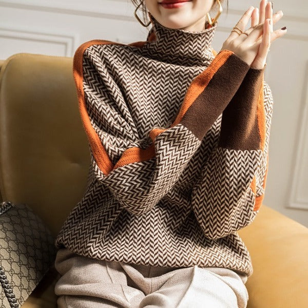 Maglione dolcevita da donna a collo alto con motivo spigato, maniche lunghe e righe a contrasto - view 4