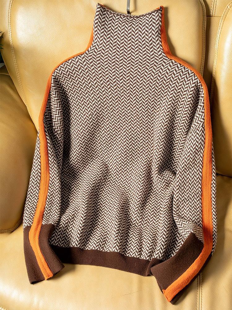Maglione dolcevita da donna a collo alto con motivo spigato, maniche lunghe e righe a contrasto - view 5