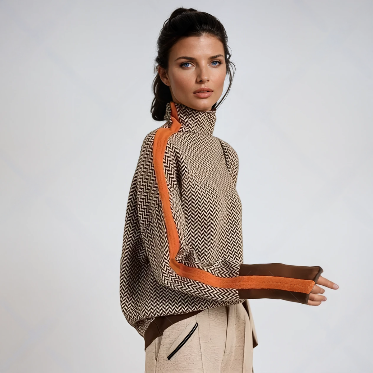 Maglione dolcevita da donna a collo alto con motivo spigato, maniche lunghe e righe a contrasto - Arancione