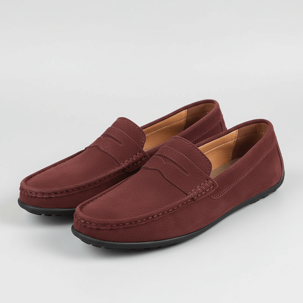Mocassini da uomo in camoscio con suola flessibile, eleganti da ufficio e casual - Bordeaux
