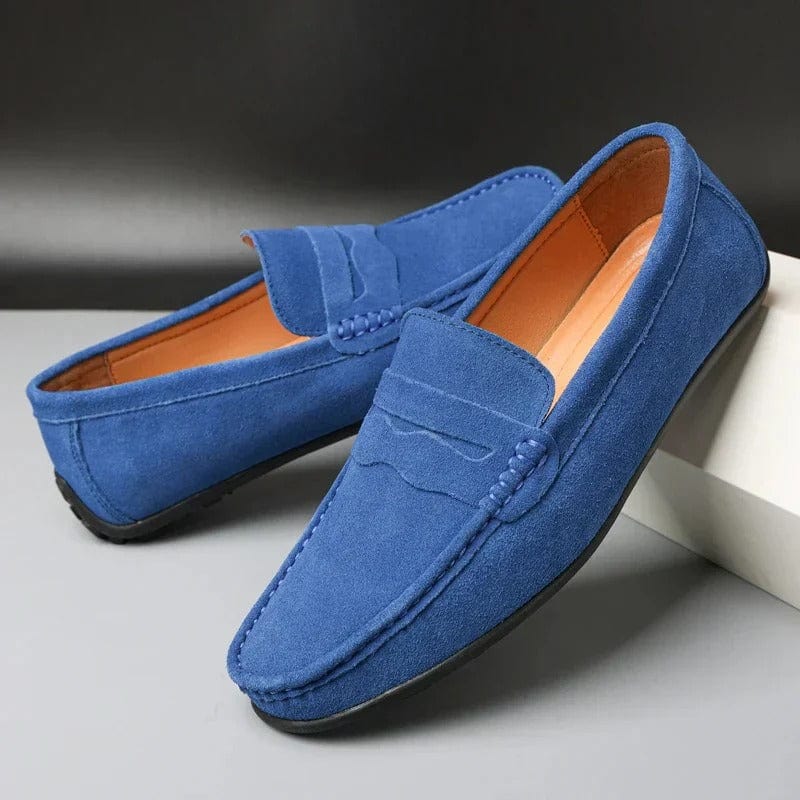 Mocassini da uomo scamosciati con banda penny, casual ed eleganti da giorno - Blu