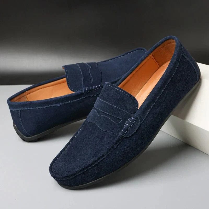 Mocassini da uomo scamosciati con banda penny, casual ed eleganti da giorno - Blu marino