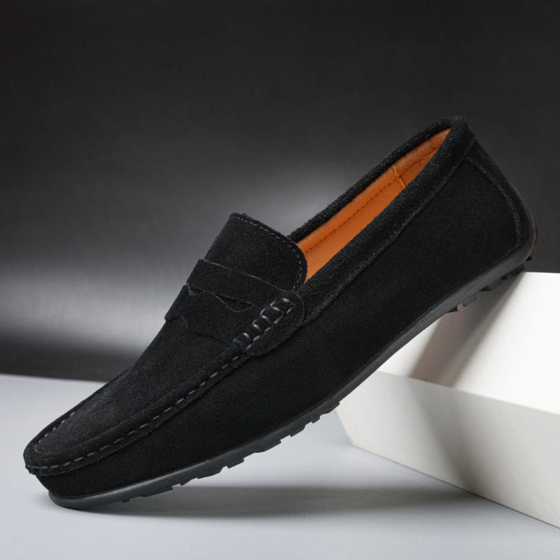Mocassini da uomo scamosciati con banda penny, casual ed eleganti da giorno - Nero