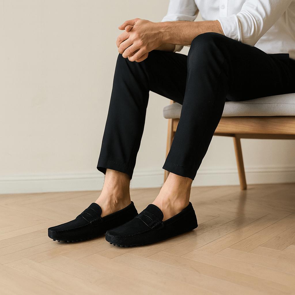 Mocassini scamosciati da uomo, eleganti e casual, comodi per ufficio e tempo libero - Nero
