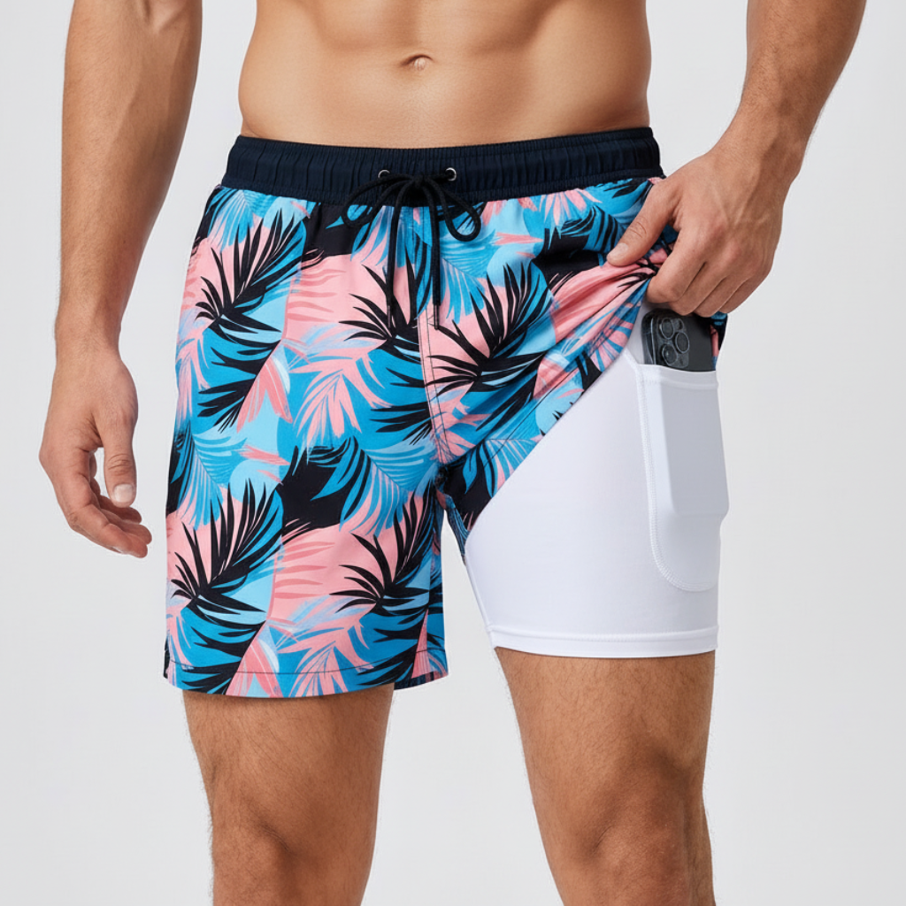 Pantaloncini da bagno da uomo ad asciugatura rapida con fodera interna e coulisse, per mare e piscina - Azzurro