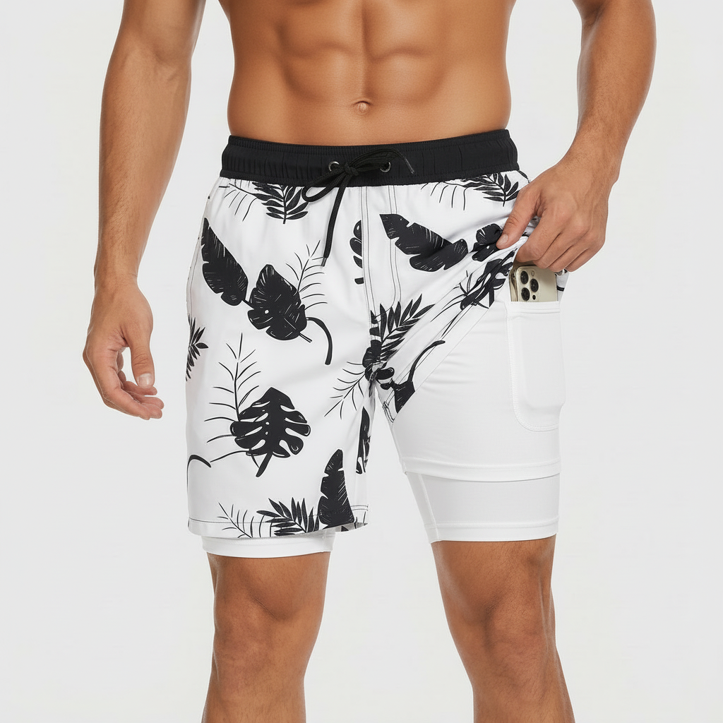 Pantaloncini da bagno da uomo ad asciugatura rapida con fodera interna e coulisse, per mare e piscina - Bianco
