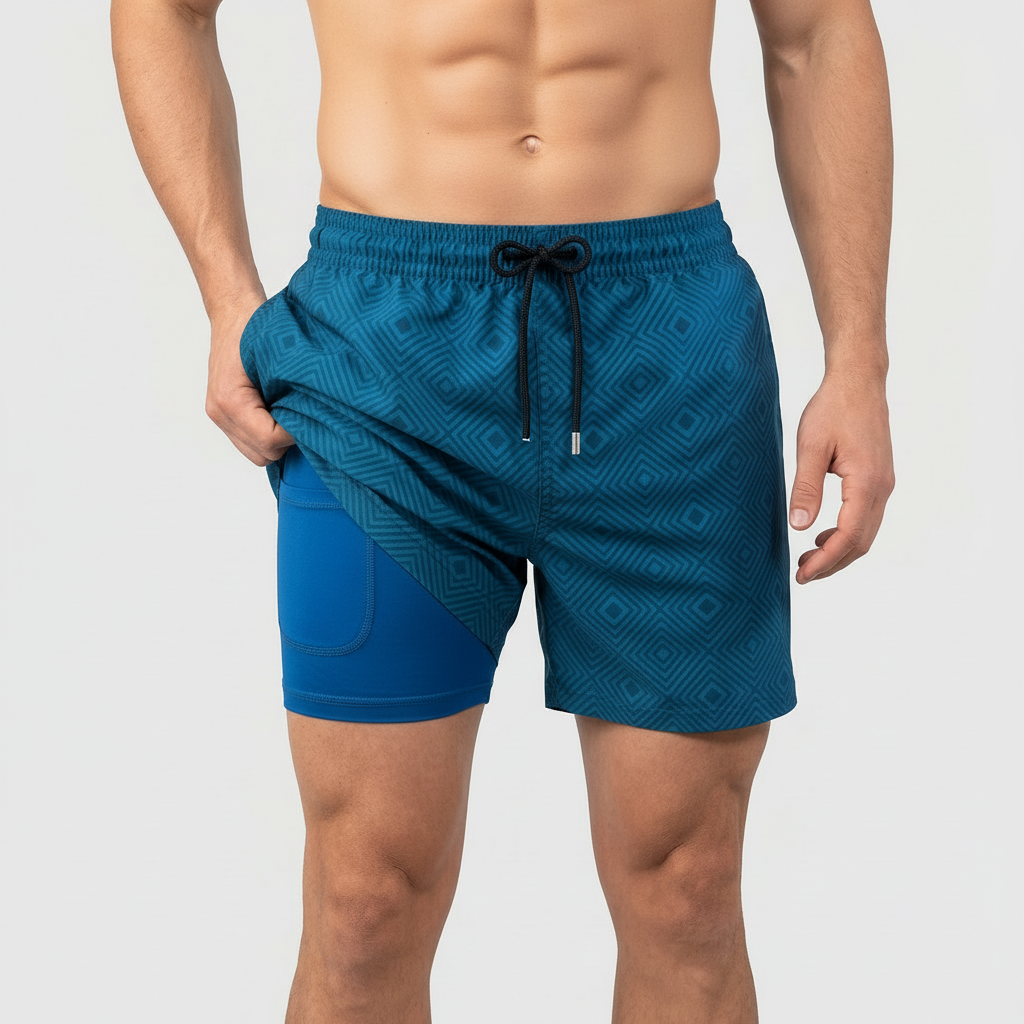 Pantaloncini da bagno da uomo ad asciugatura rapida con fodera interna e coulisse, per mare e piscina - Blu