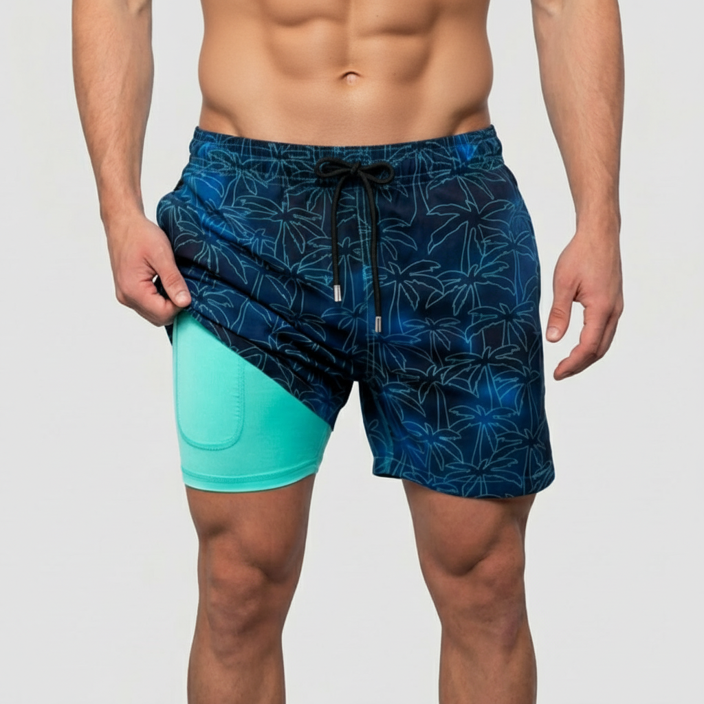 Pantaloncini da bagno da uomo ad asciugatura rapida con fodera interna e coulisse, per mare e piscina - Blu scuro