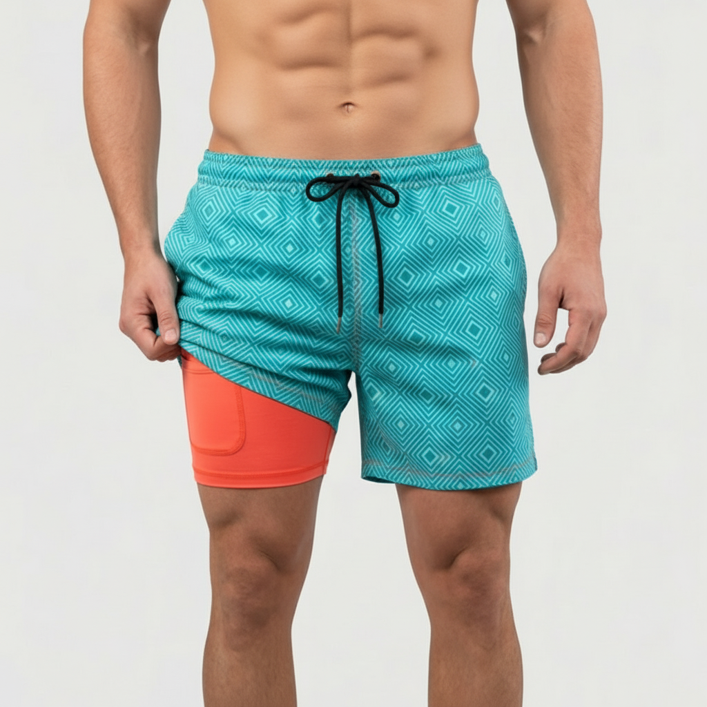 Pantaloncini da bagno da uomo ad asciugatura rapida con fodera interna e coulisse, per mare e piscina - Blu-verde
