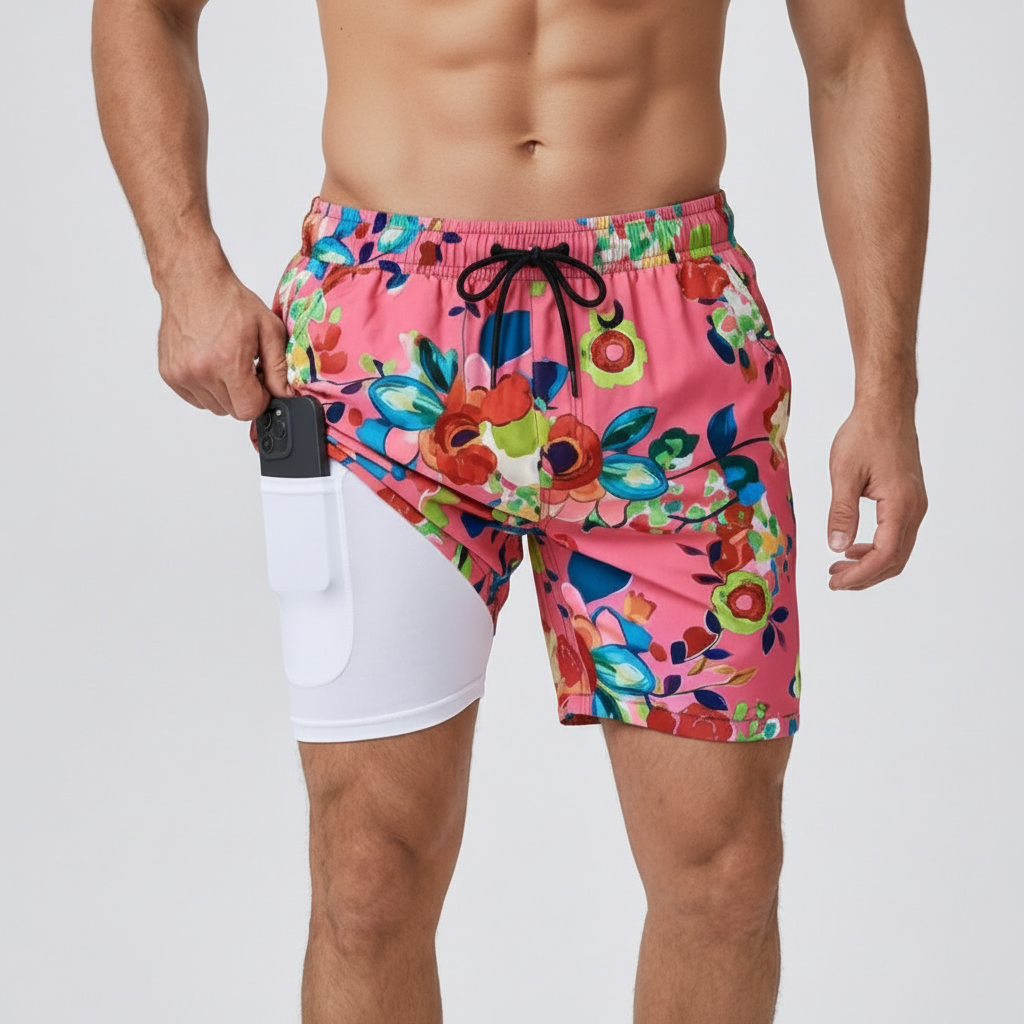Pantaloncini da bagno da uomo ad asciugatura rapida con fodera interna e coulisse, per mare e piscina - Rosa