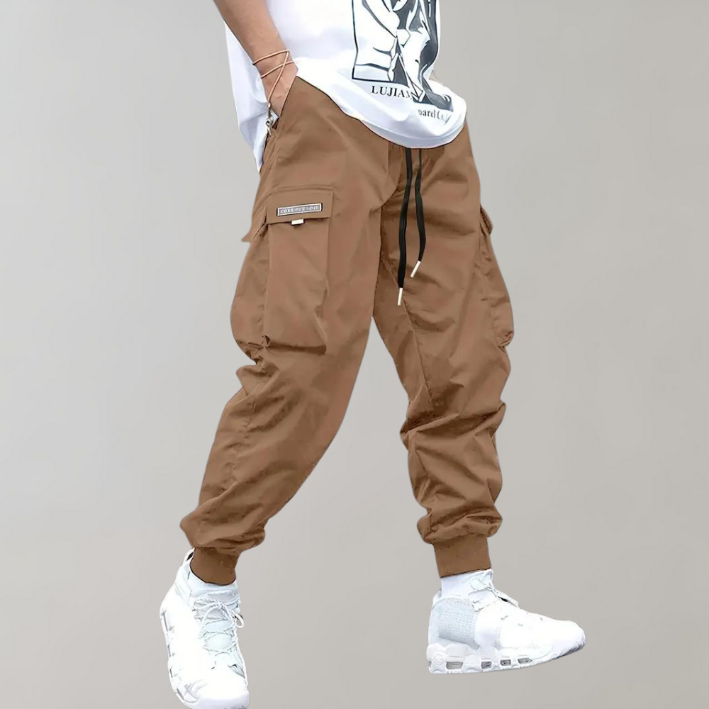 Pantaloni cargo da uomo elasticizzati con tasche laterali e coulisse in vita, sportivi e casual - Cachi
