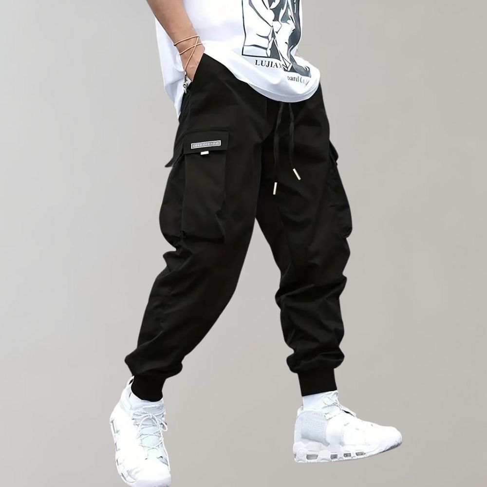 Pantaloni cargo da uomo elasticizzati con tasche laterali e coulisse in vita, sportivi e casual - Nero