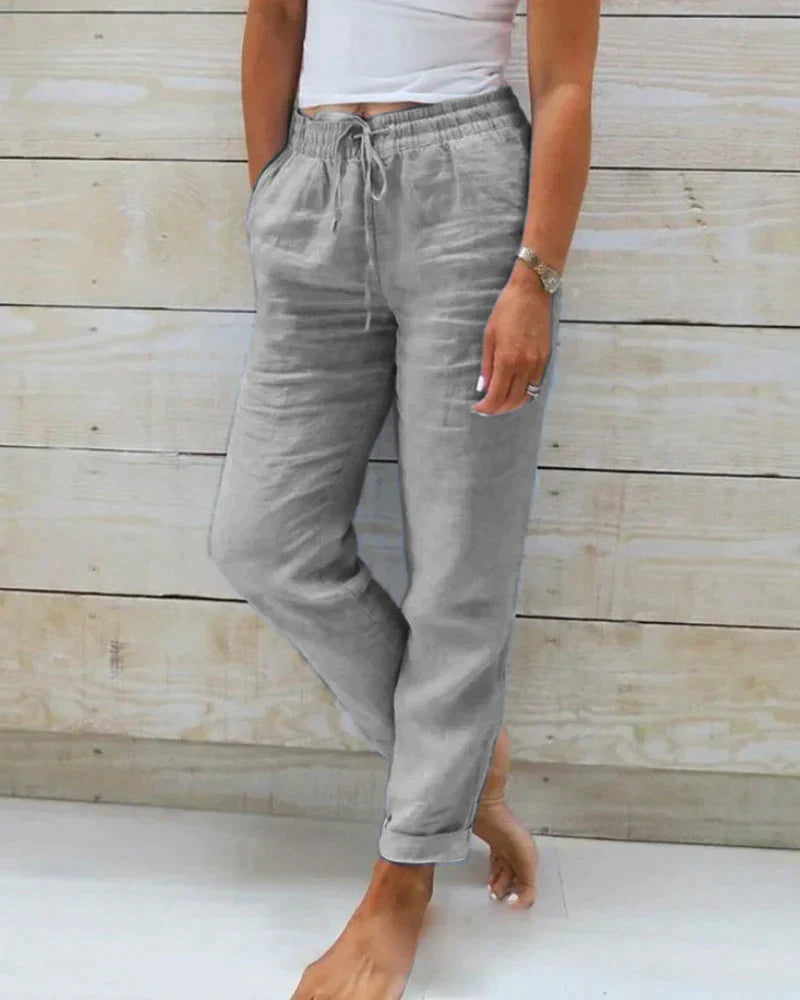 Pantaloni di lino da donna, dritti con elastico in vita e tasche laterali, estivi e casual - Grigio