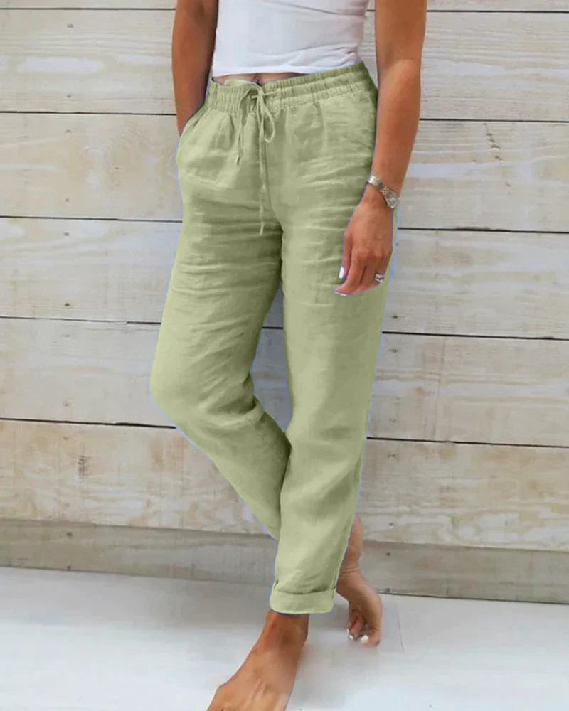 Pantaloni di lino da donna, dritti con elastico in vita e tasche laterali, estivi e casual - Verde