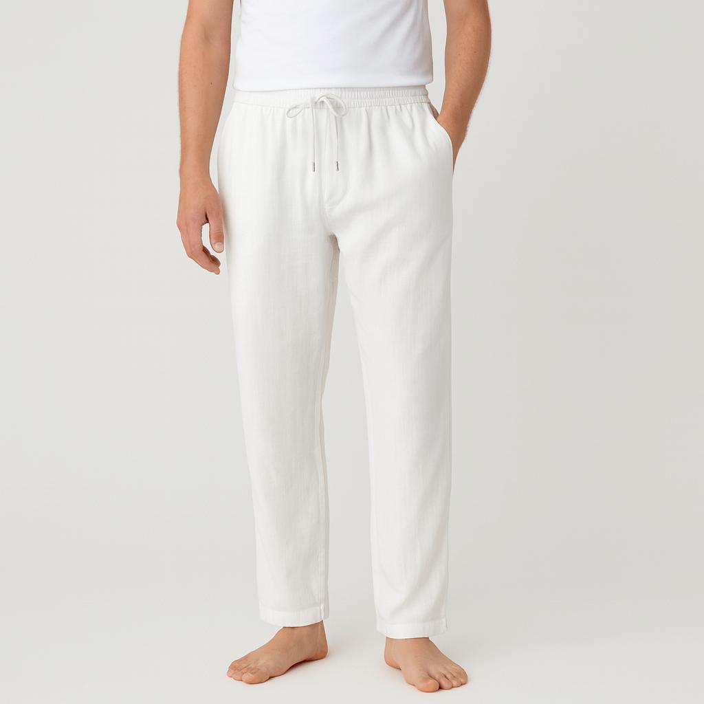 Pantaloni di lino da uomo, casual e traspiranti con elastico in vita, per l'estate - Bianco