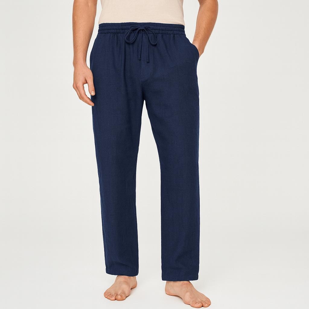 Pantaloni di lino da uomo, casual e traspiranti con elastico in vita, per l'estate - Blu scuro