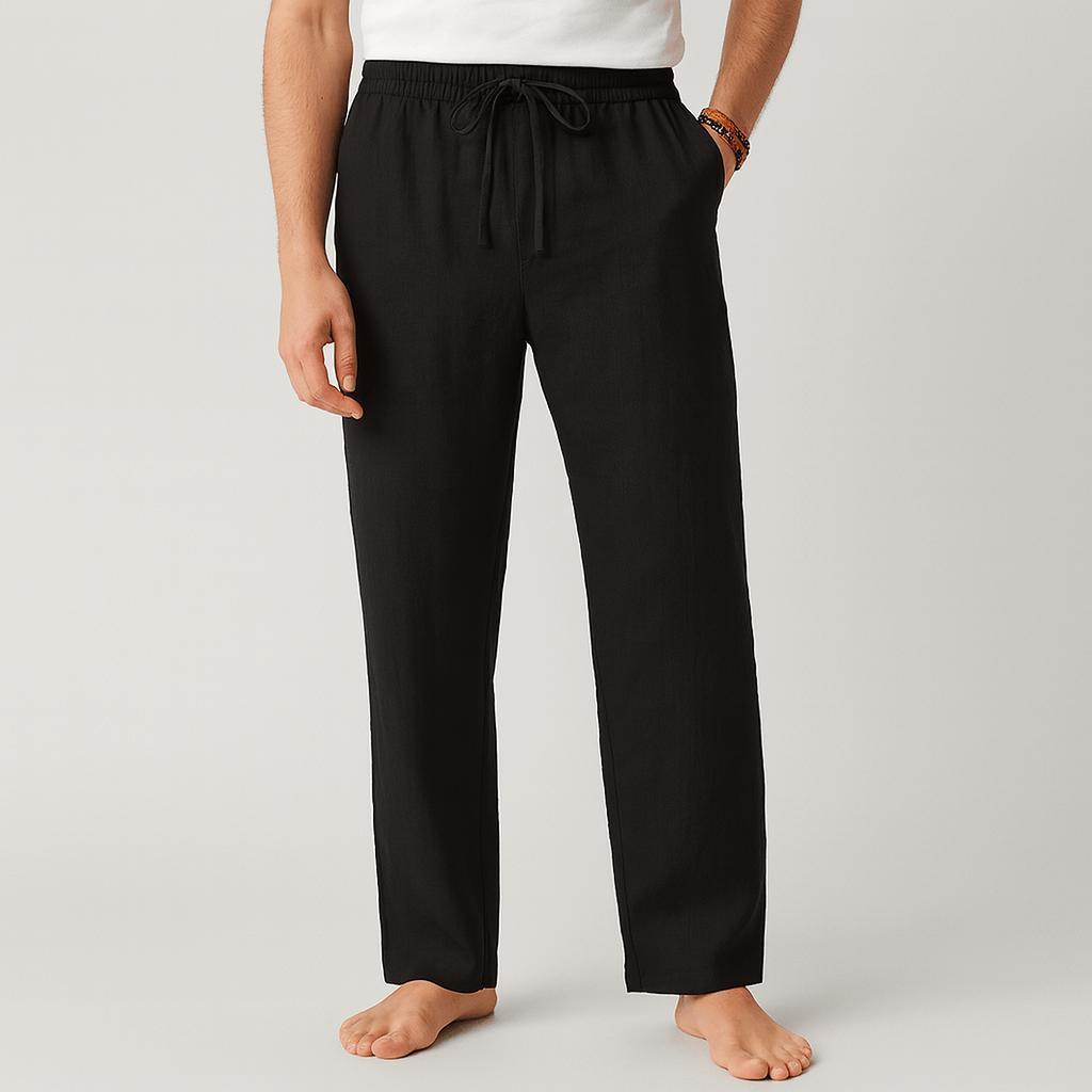 Pantaloni di lino da uomo, casual e traspiranti con elastico in vita, per l'estate - Nero