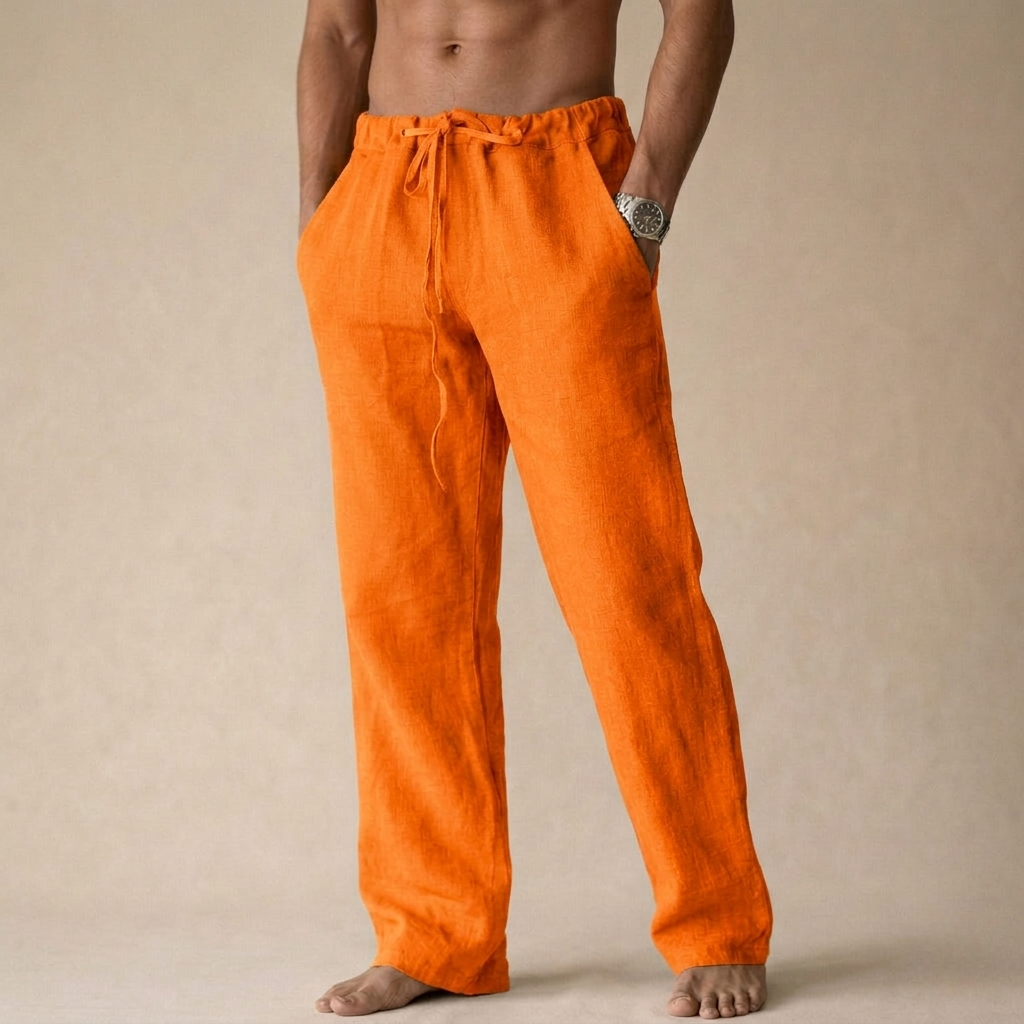 Pantaloni di lino da uomo con coulisse e vestibilità comoda, per l'estate e la spiaggia - Arancione