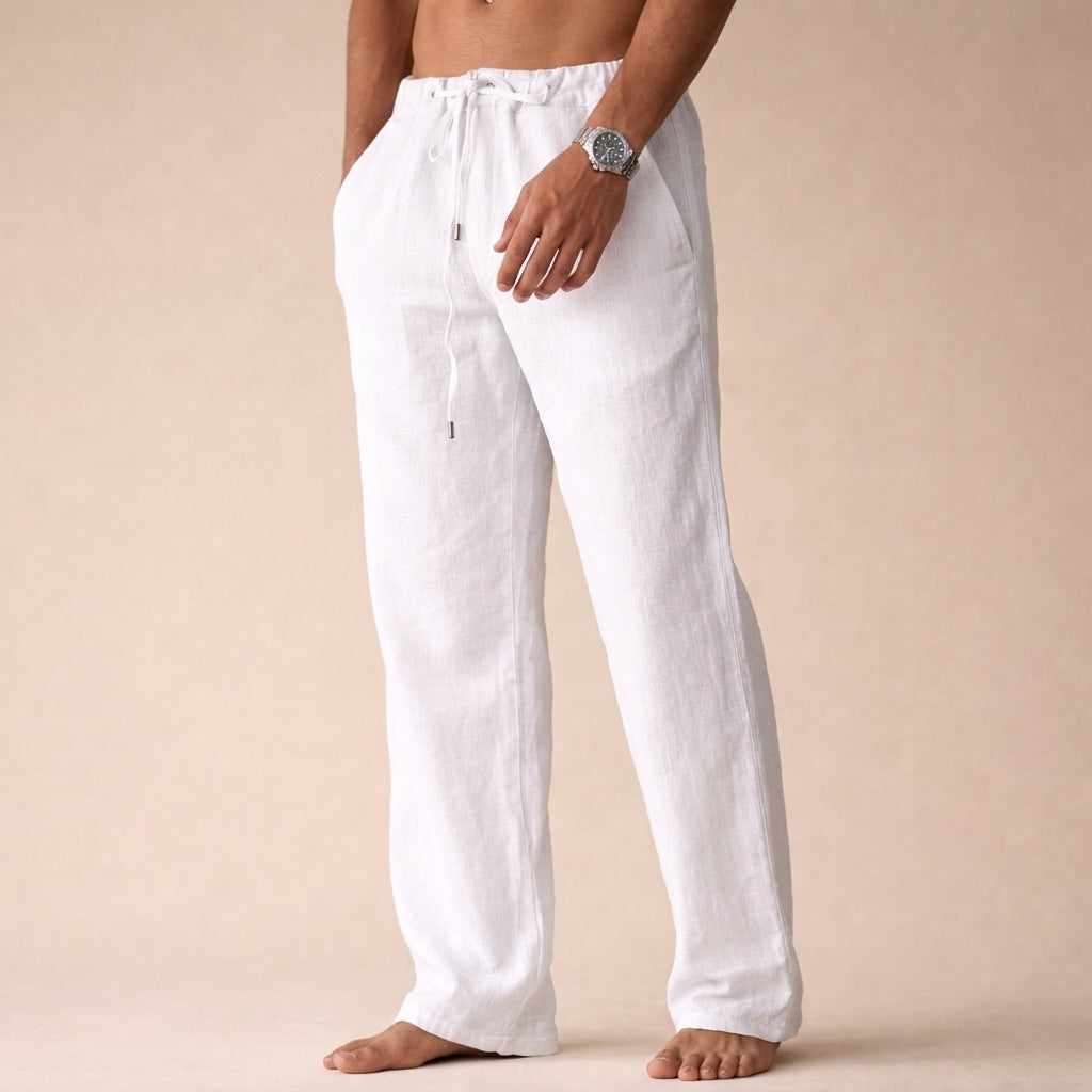 Pantaloni di lino da uomo con coulisse e vestibilità comoda, per l'estate e la spiaggia - Bianco