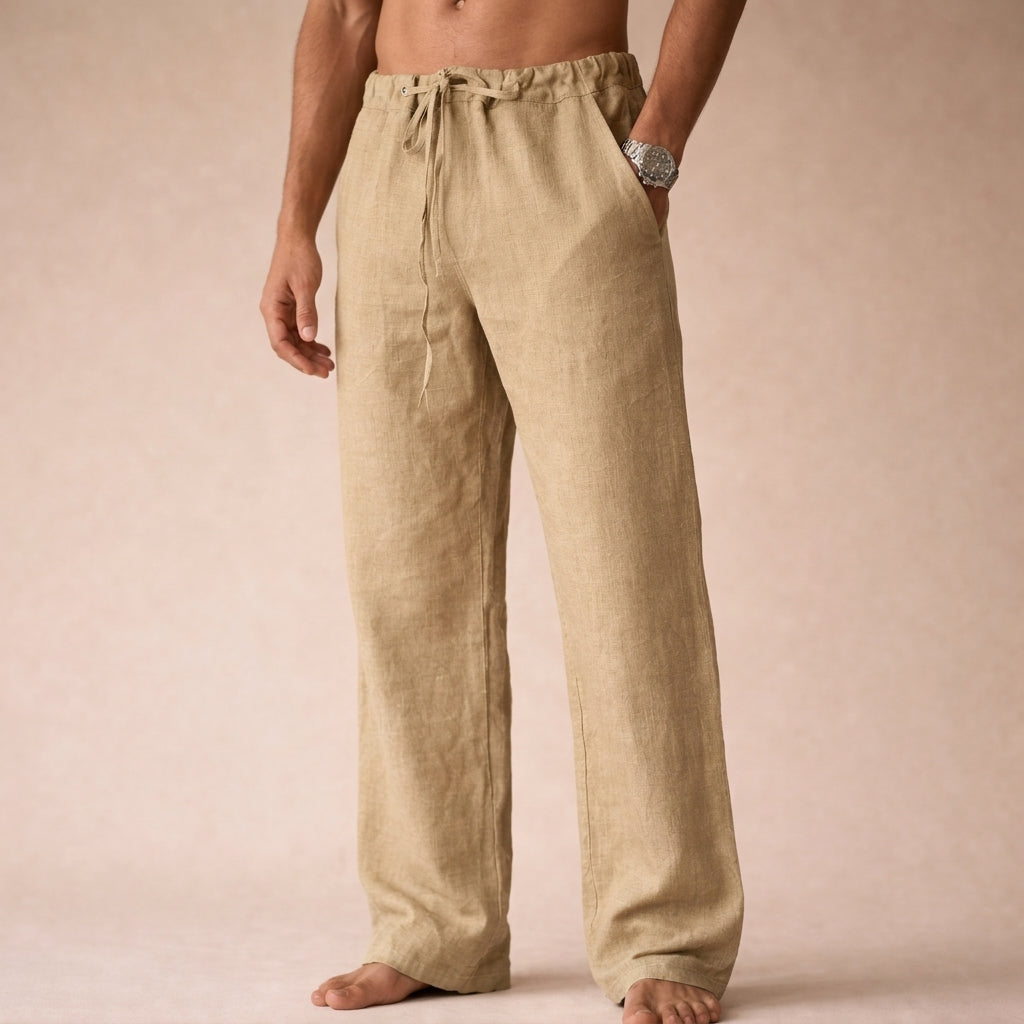 Pantaloni di lino da uomo con coulisse e vestibilità comoda, per l'estate e la spiaggia - Crema