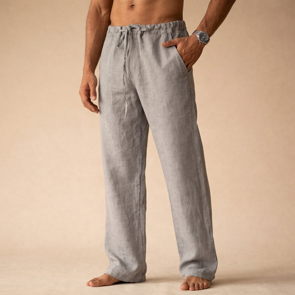 Pantaloni di lino da uomo con coulisse e vestibilità comoda, per l'estate e la spiaggia - Grigio