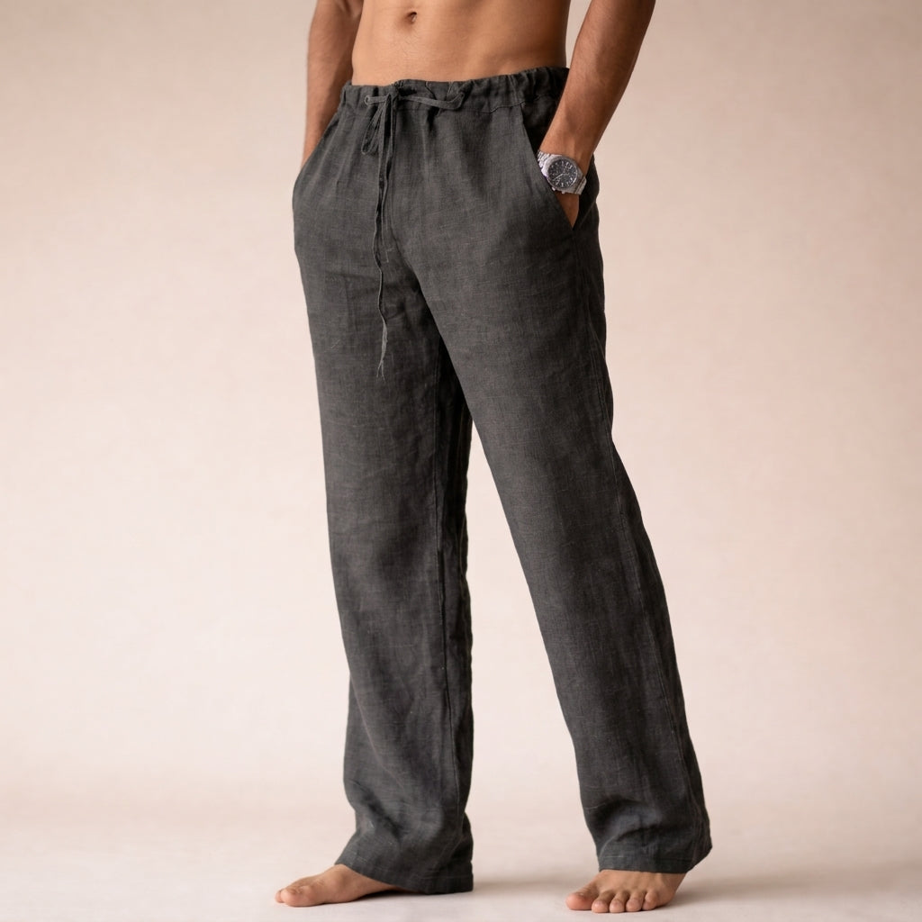 Pantaloni di lino da uomo con coulisse e vestibilità comoda, per l'estate e la spiaggia - Grigio scuro