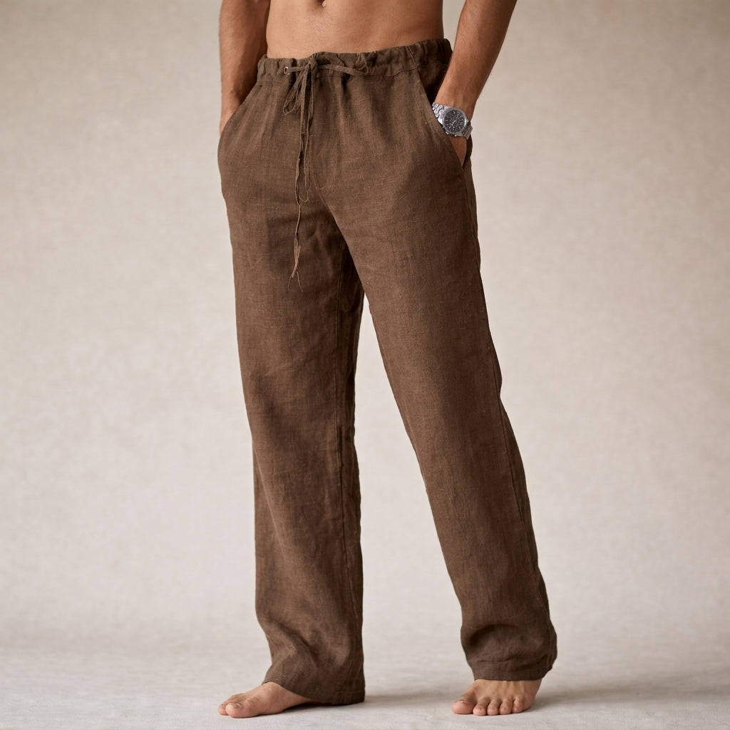 Pantaloni di lino da uomo con coulisse e vestibilità comoda, per l'estate e la spiaggia - Marrone