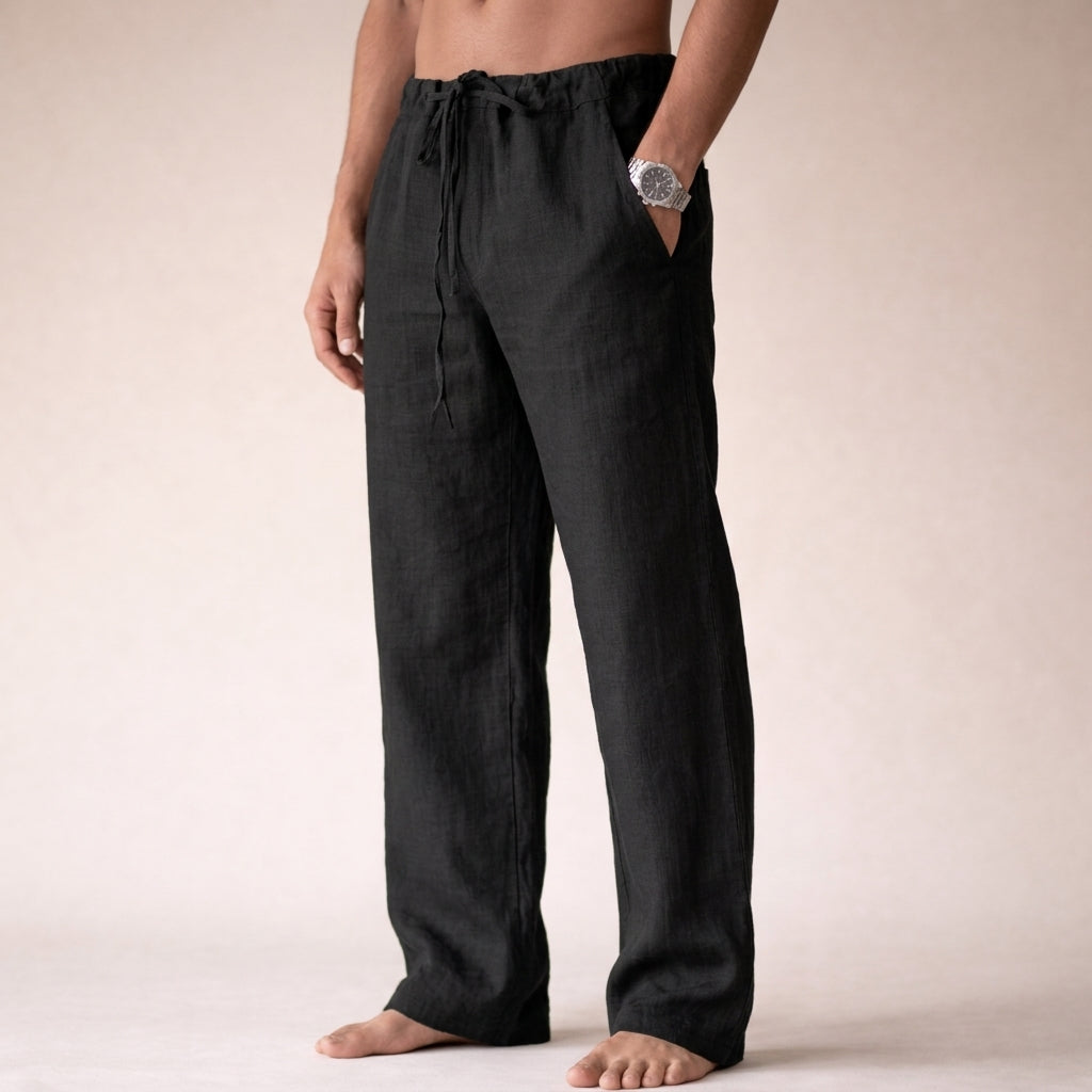 Pantaloni di lino da uomo con coulisse e vestibilità comoda, per l'estate e la spiaggia - Nero