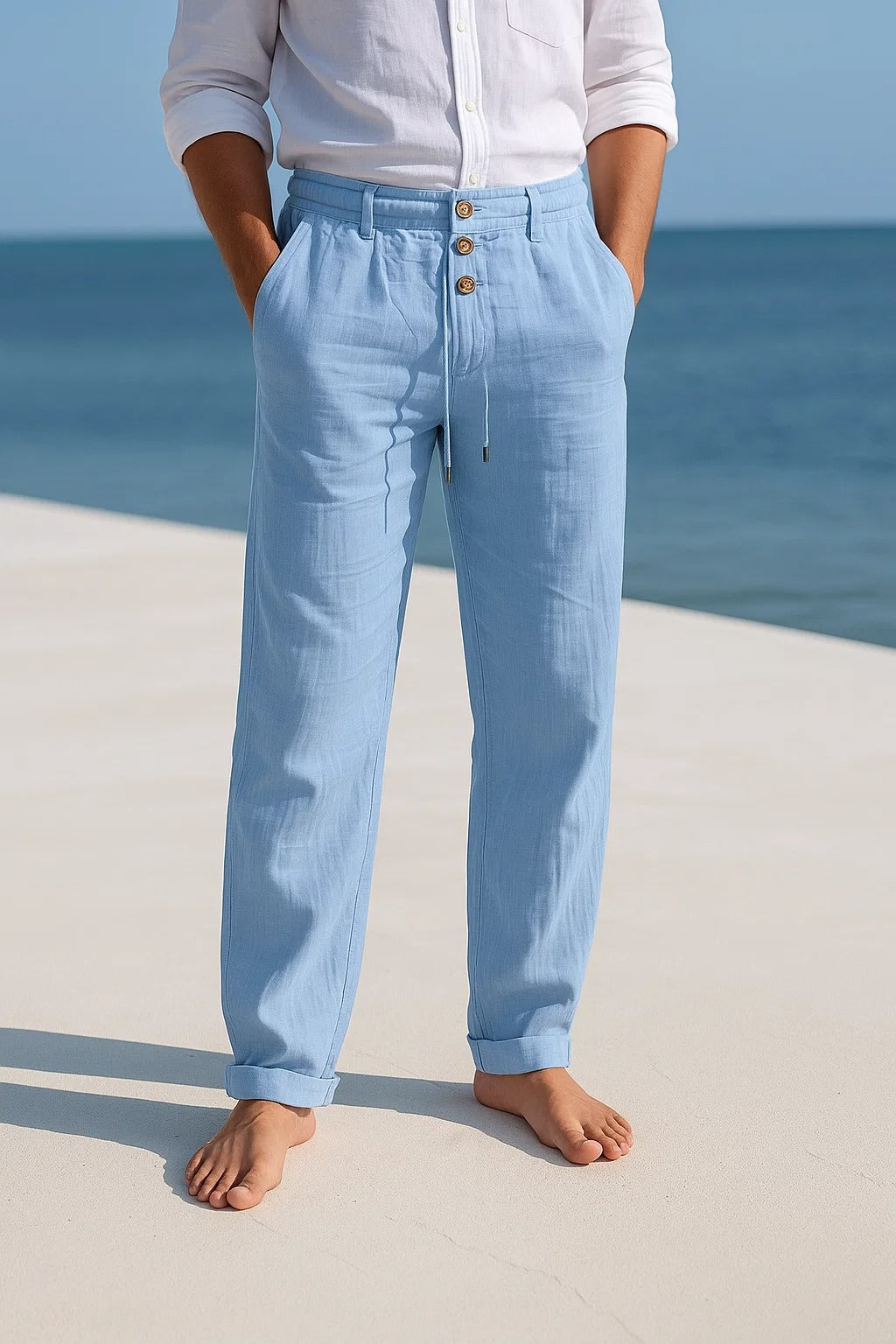 Pantaloni di lino da uomo, leggeri ed estivi con vita a coulisse, per spiaggia e cerimonia - Blu chiaro