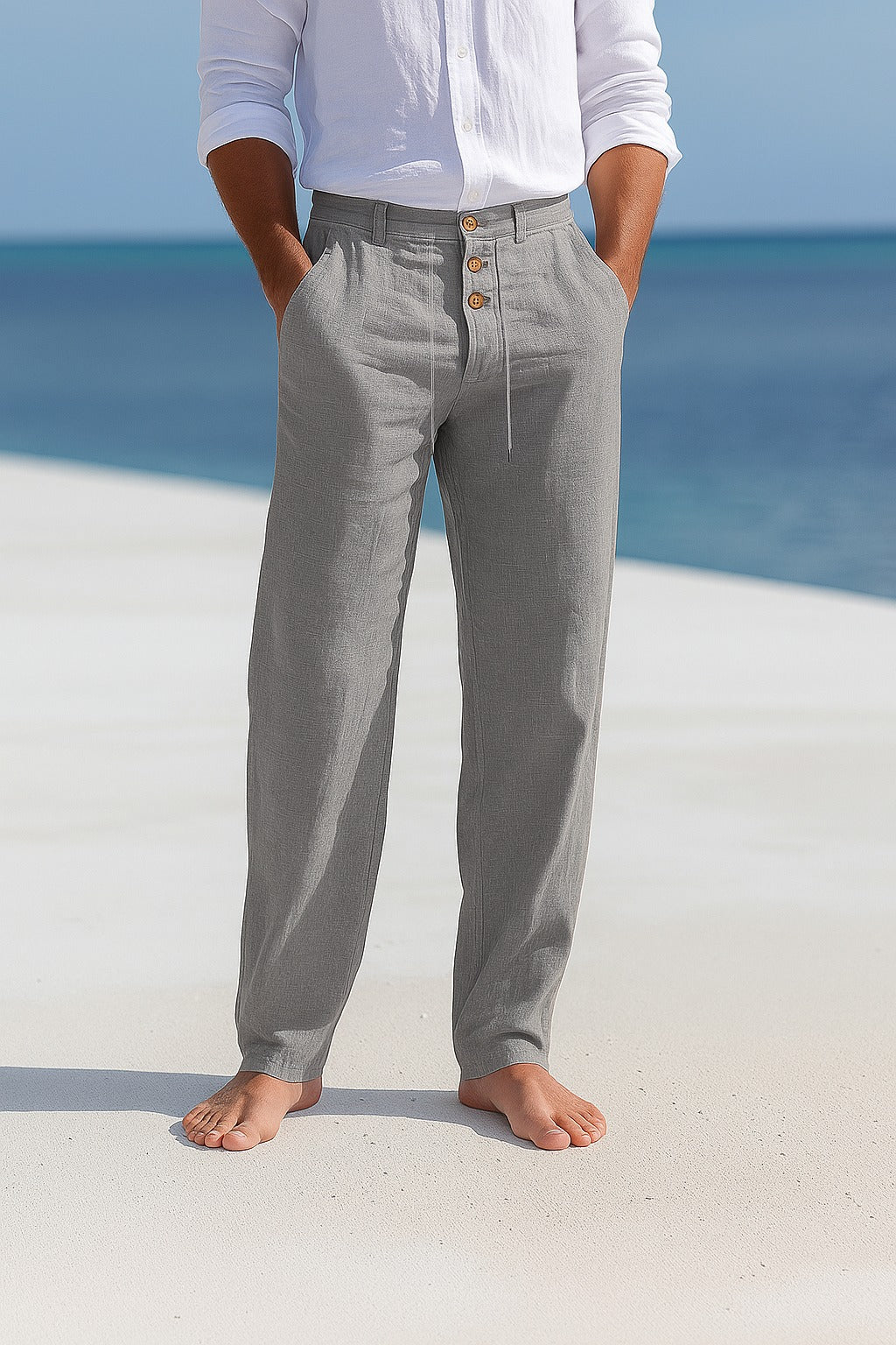 Pantaloni di lino da uomo, leggeri ed estivi con vita a coulisse, per spiaggia e cerimonia - Grigio