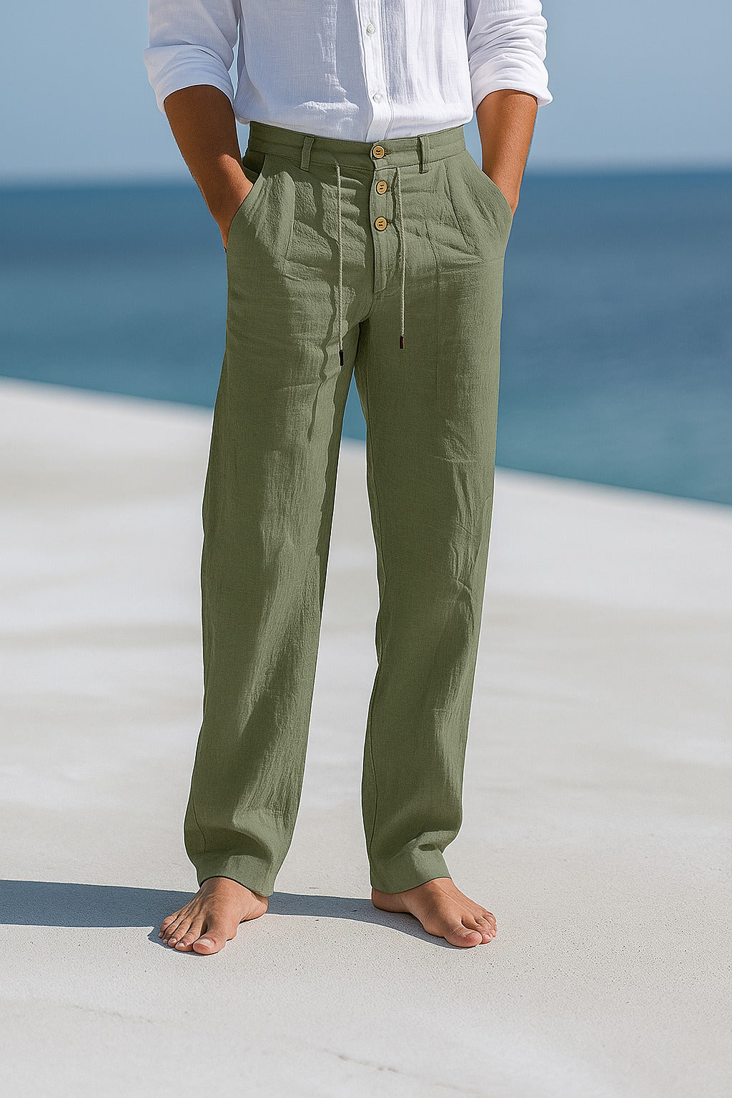 Pantaloni di lino da uomo, leggeri ed estivi con vita a coulisse, per spiaggia e cerimonia - Verde militare